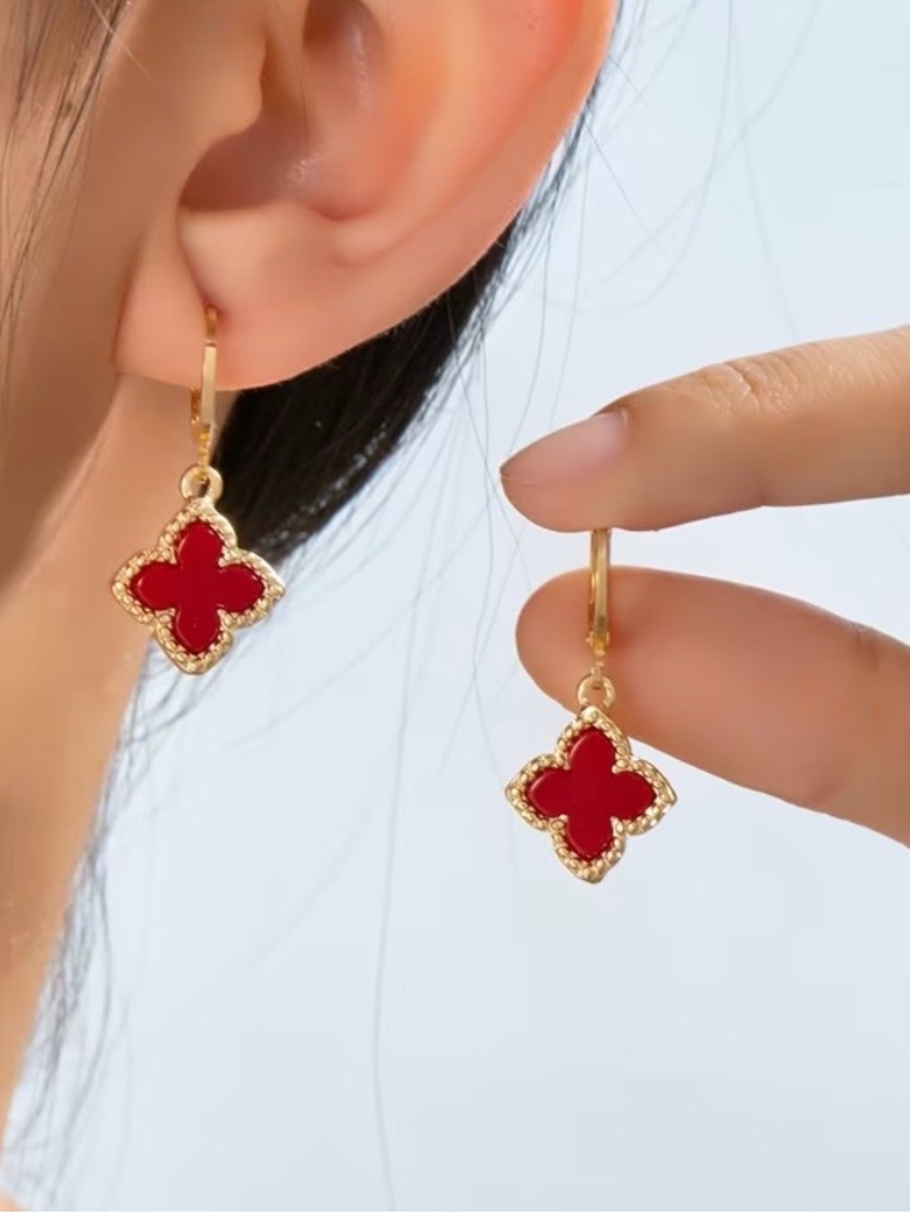 Gold & Red Clover Drop Earrings - Women Jewelry